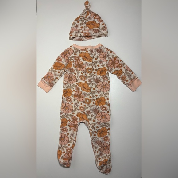 Floral Infant One Piece in Orange and Pink with Matching Hat - Picture 7 of 8
